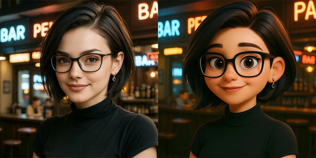 A woman with glasses, in a Pixar-style 3D look (movie hero)
