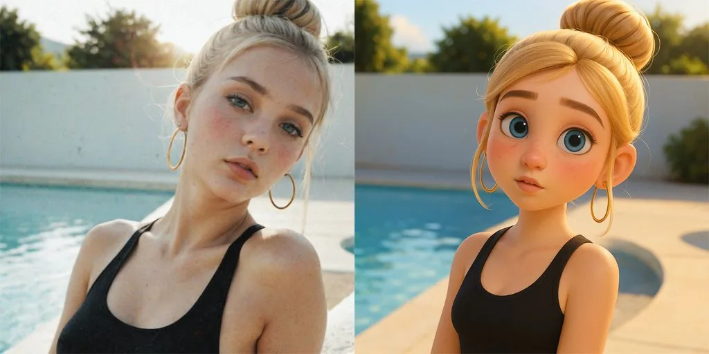 A young woman by a pool, in a Pixar-style 3D look (movie hero)