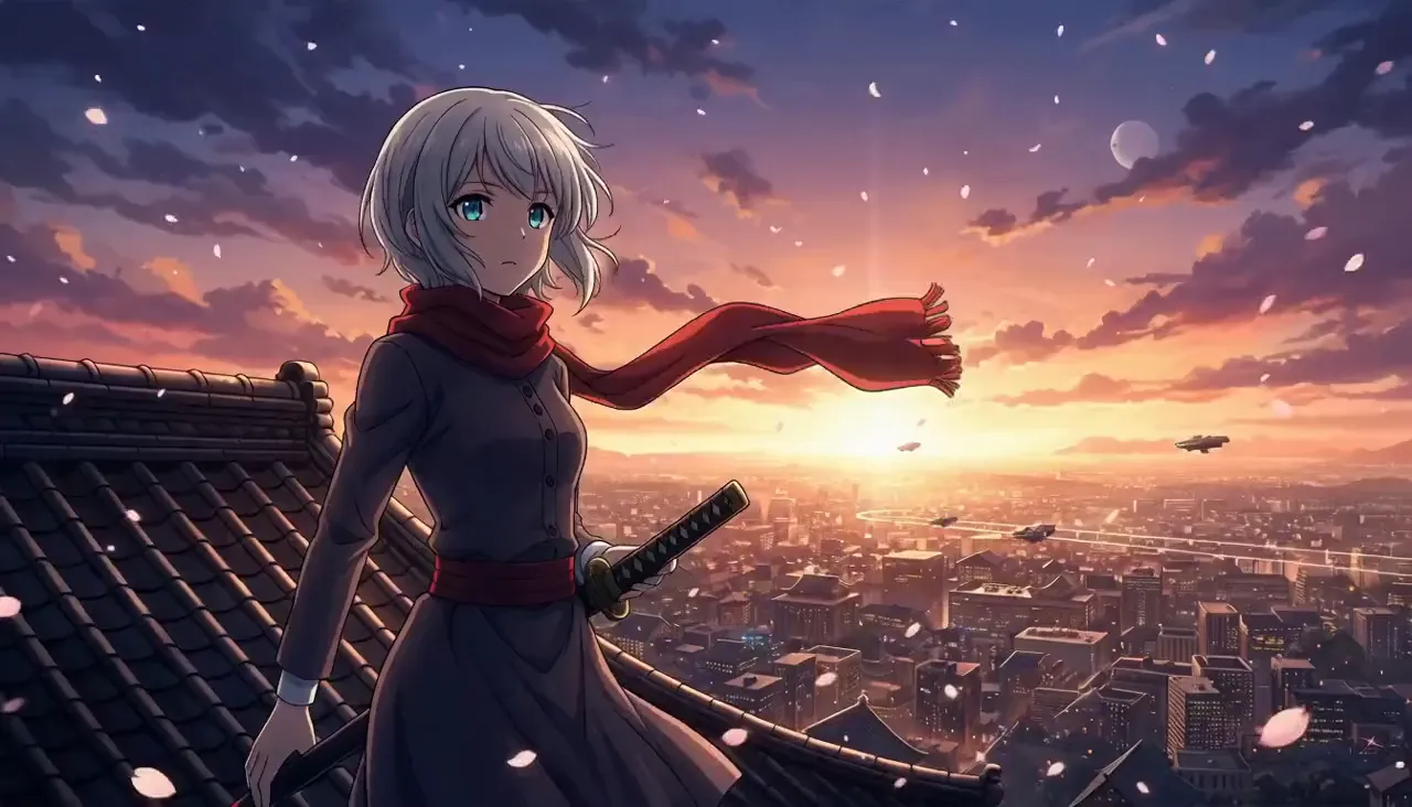 Rooftop swordswoman at sunset