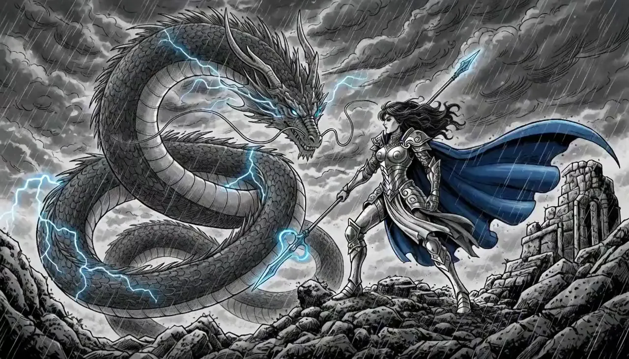Heroine against a storm dragon