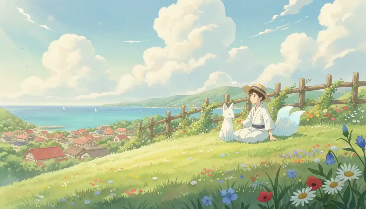 A boy and a fox spirit by the sea