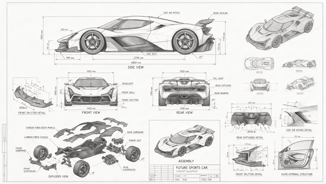 Technical drawing: A blueprint sheet with three views, an exploded view and dimension lines.