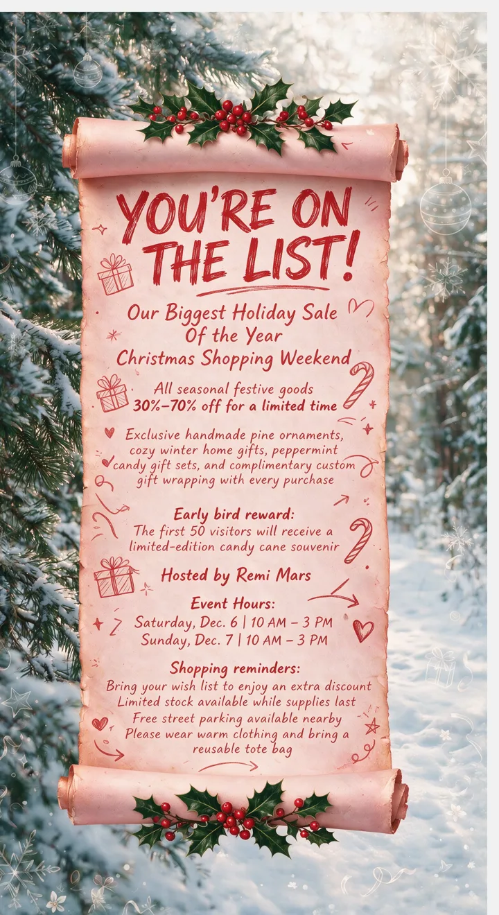 Poster with long text: A holiday sale poster where every line of the event details stays readable.