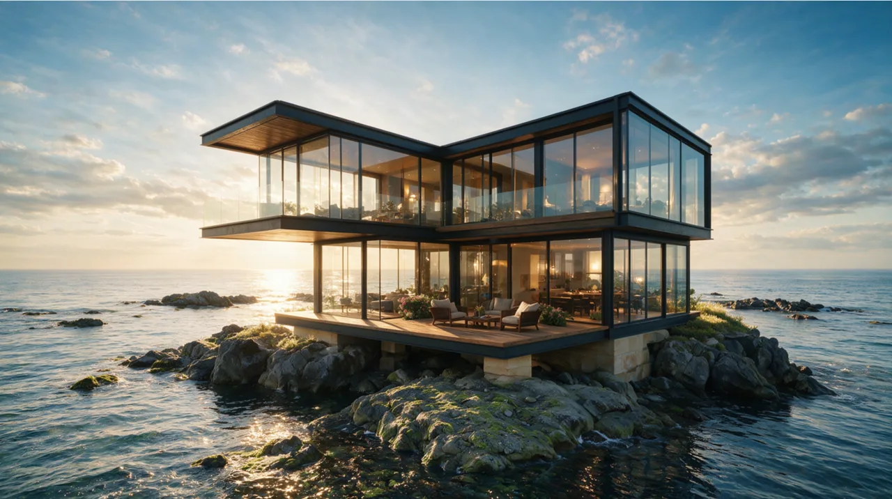Architecture render: A glass villa on coastal rocks at sunset, with believable reflections on glass and water.