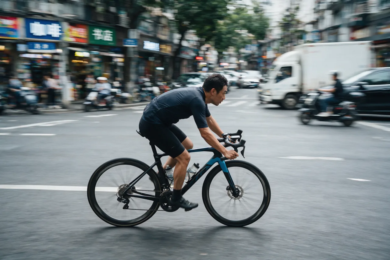 Street photo: A panning shot: the rider sharp, the street streaked with motion blur.