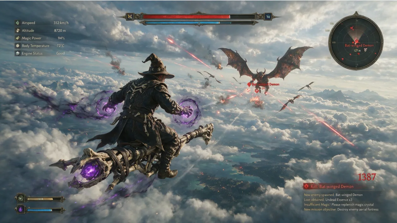 Game key art: A game-style aerial battle with a full combat interface drawn into the frame.
