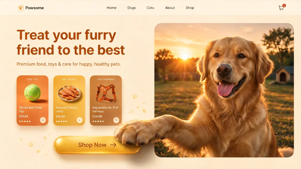 Website design: A shop homepage with a headline, product cards and a button, ready to show a client.