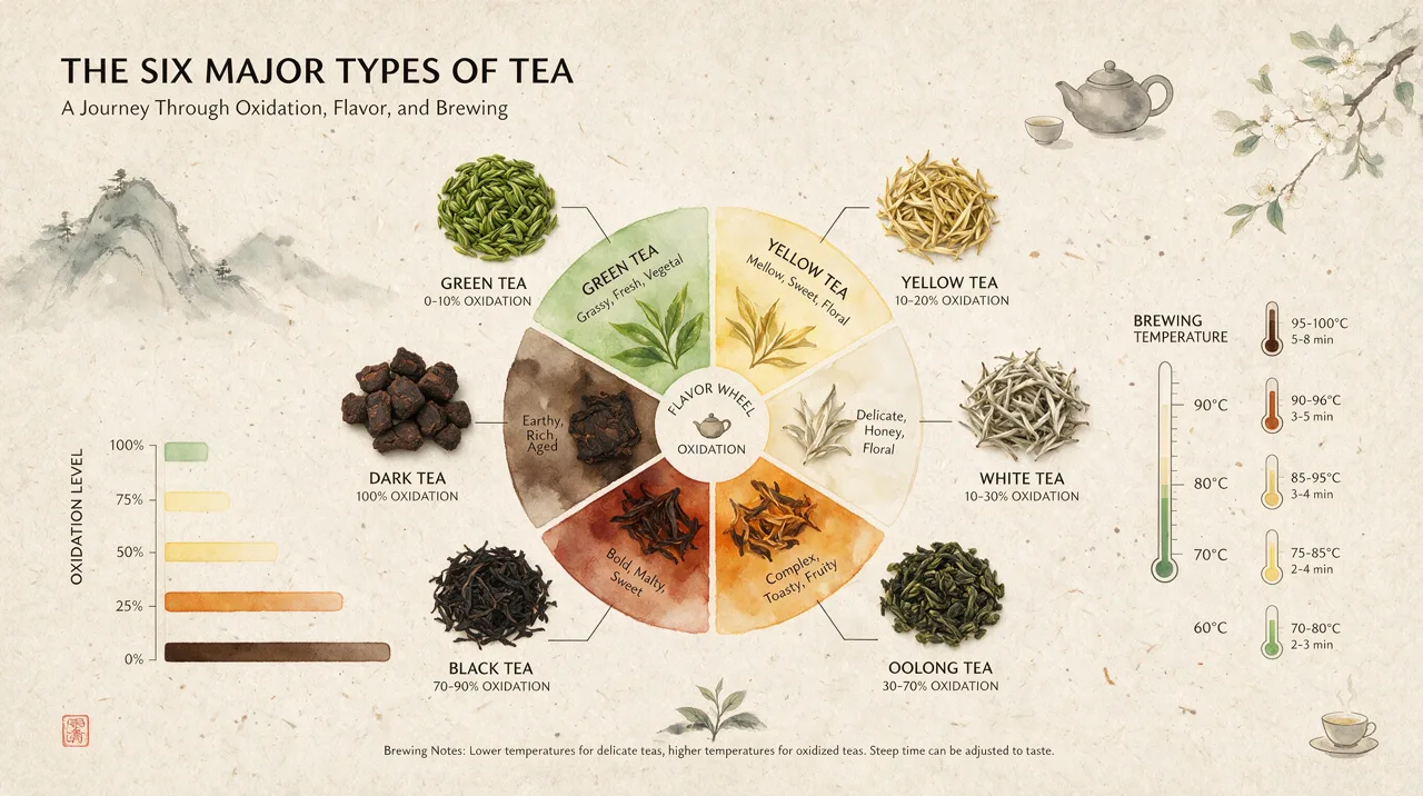 Infographic: Six tea types in one wheel, with labels, temperatures and a chart.