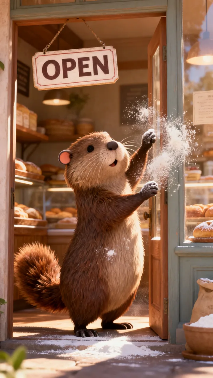 A beaver opening a bakery, as a Zootopia-style 3D animal character (beaver)