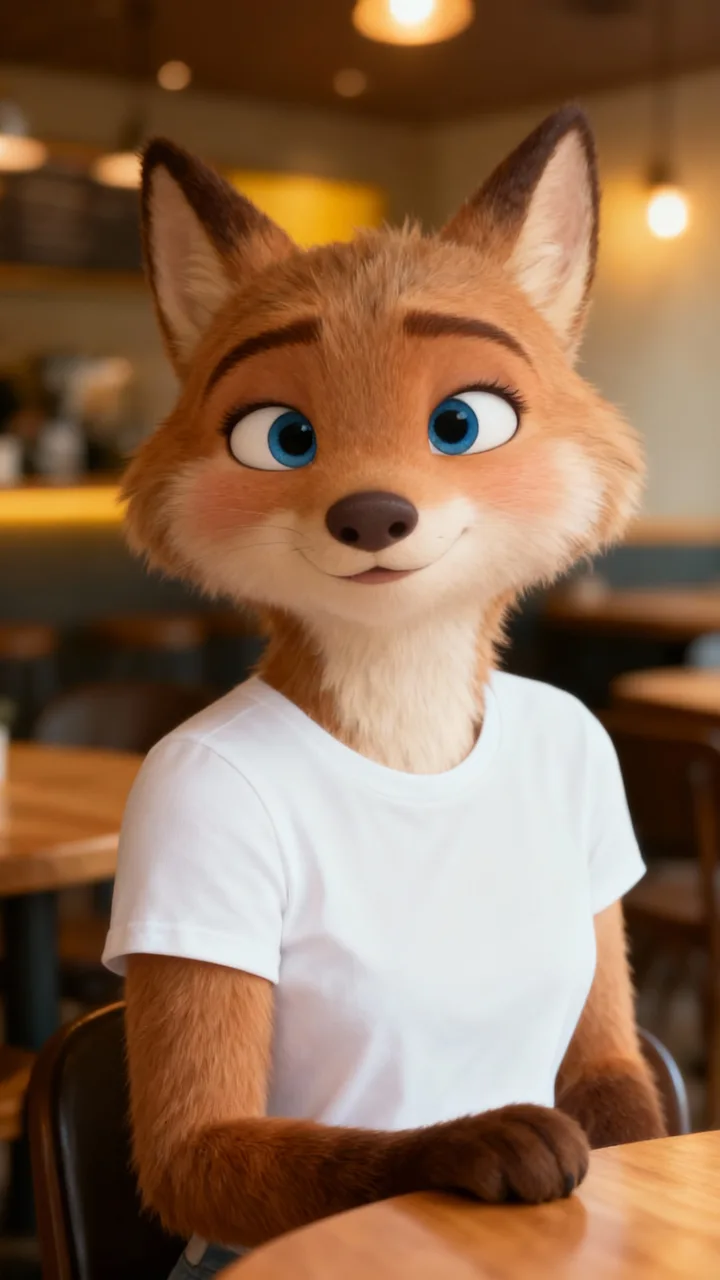 A fox in a white T-shirt at a café, as a Zootopia-style 3D animal character (fox)