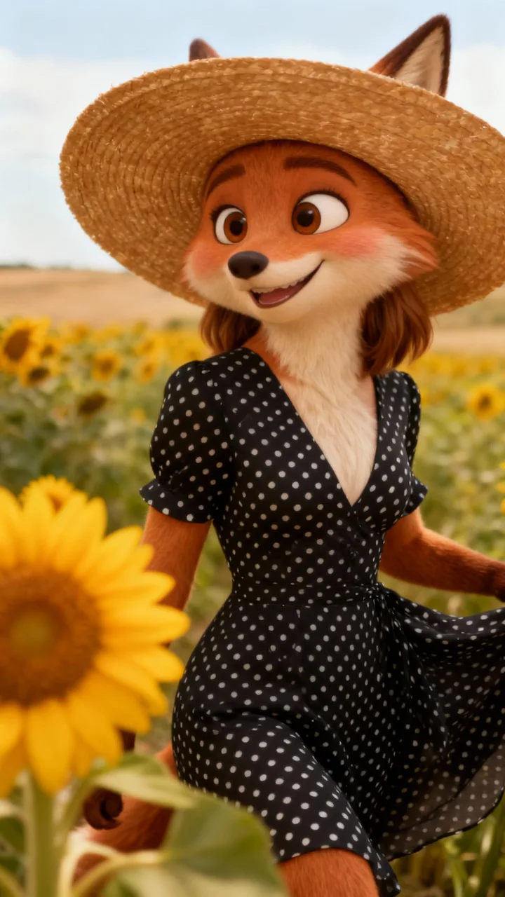 A fox in a sun hat, as a Zootopia-style 3D animal character (fox)