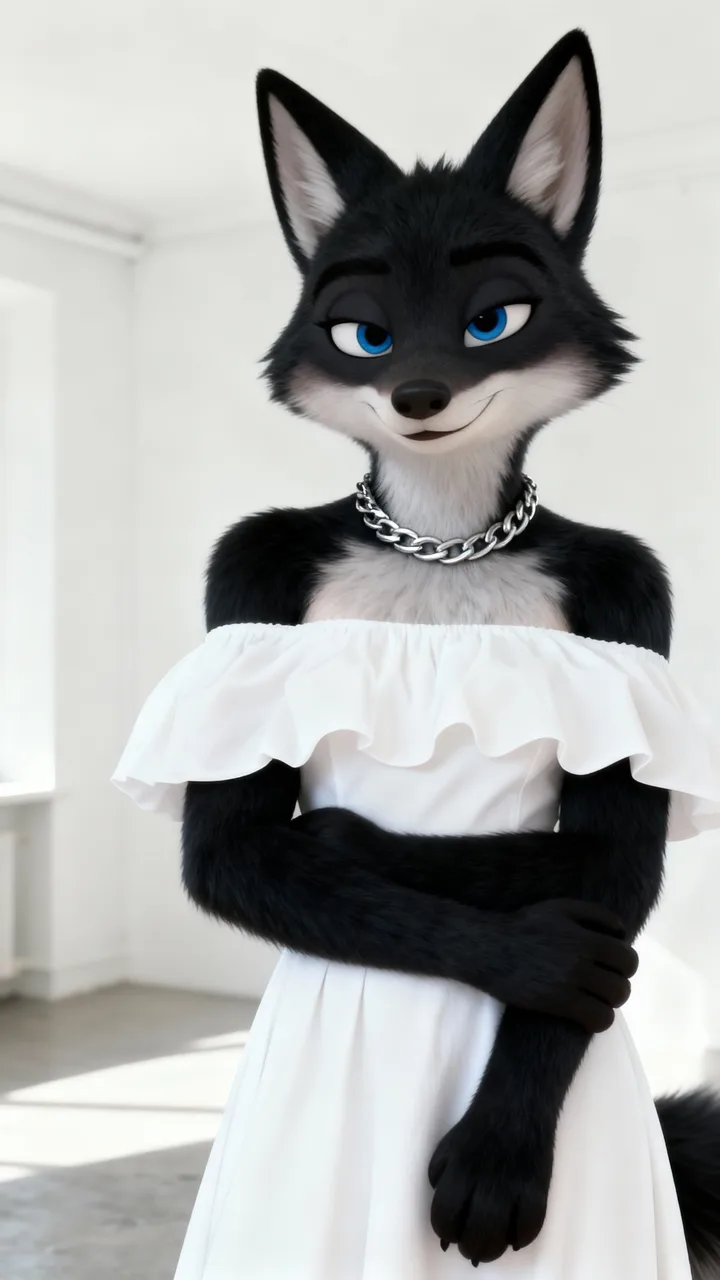 A black fox in a white dress, as a Zootopia-style 3D animal character (black fox)