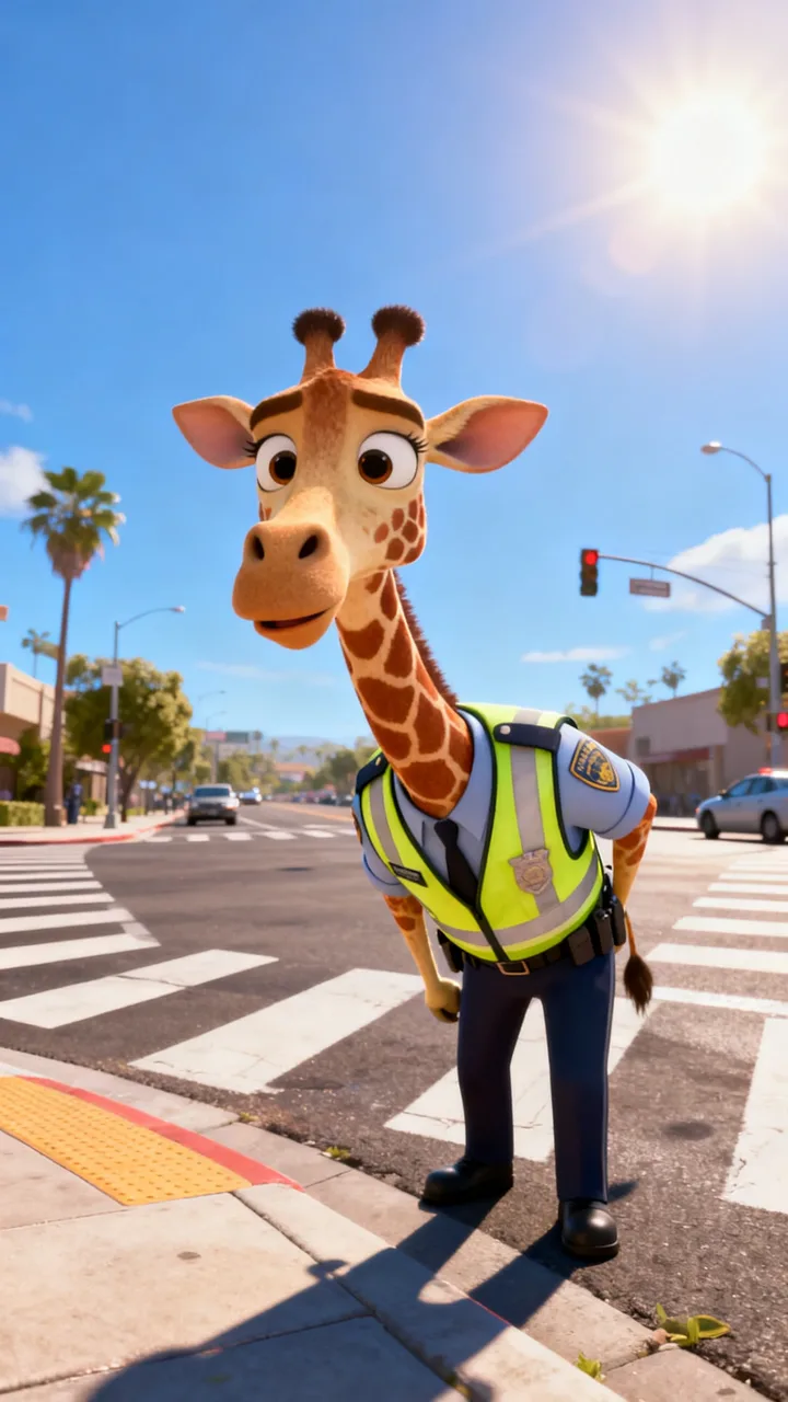 A giraffe crossing guard, as a Zootopia-style 3D animal character (giraffe)