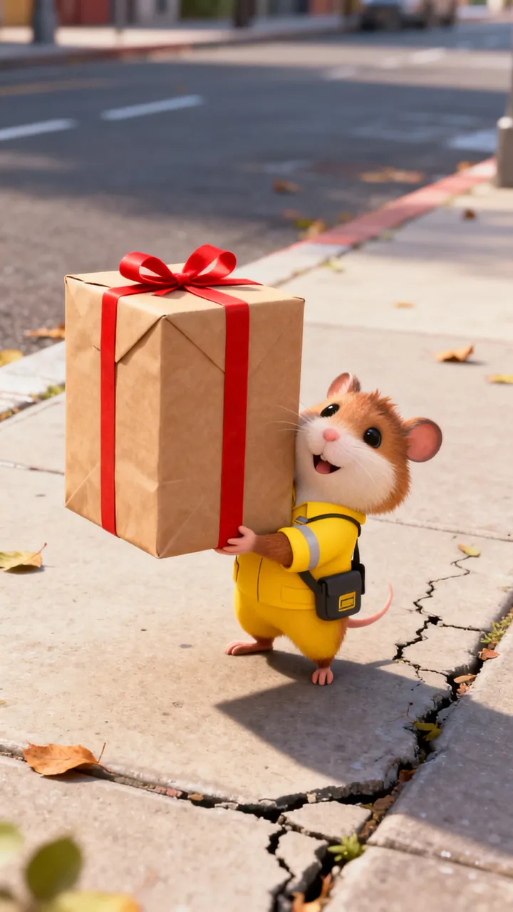 A hamster carrying a parcel, as a Zootopia-style 3D animal character (hamster)