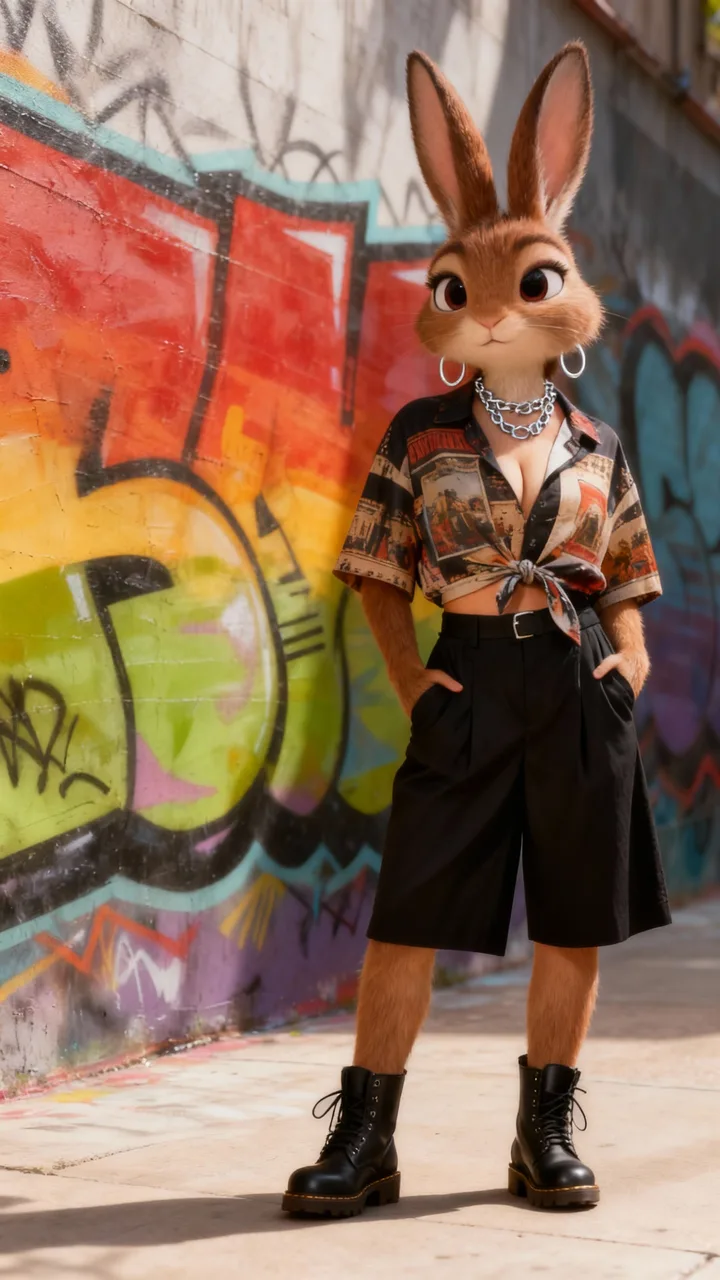 A rabbit by a graffiti wall, as a Zootopia-style 3D animal character (rabbit)