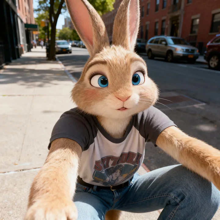 A rabbit taking a selfie, as a Zootopia-style 3D animal character (rabbit selfie)