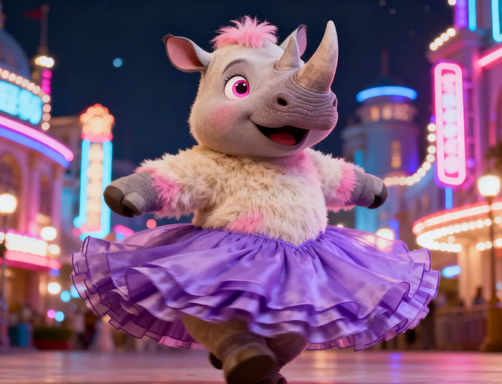 A rhino dancing in a tutu, as a Zootopia-style 3D animal character (rhino)
