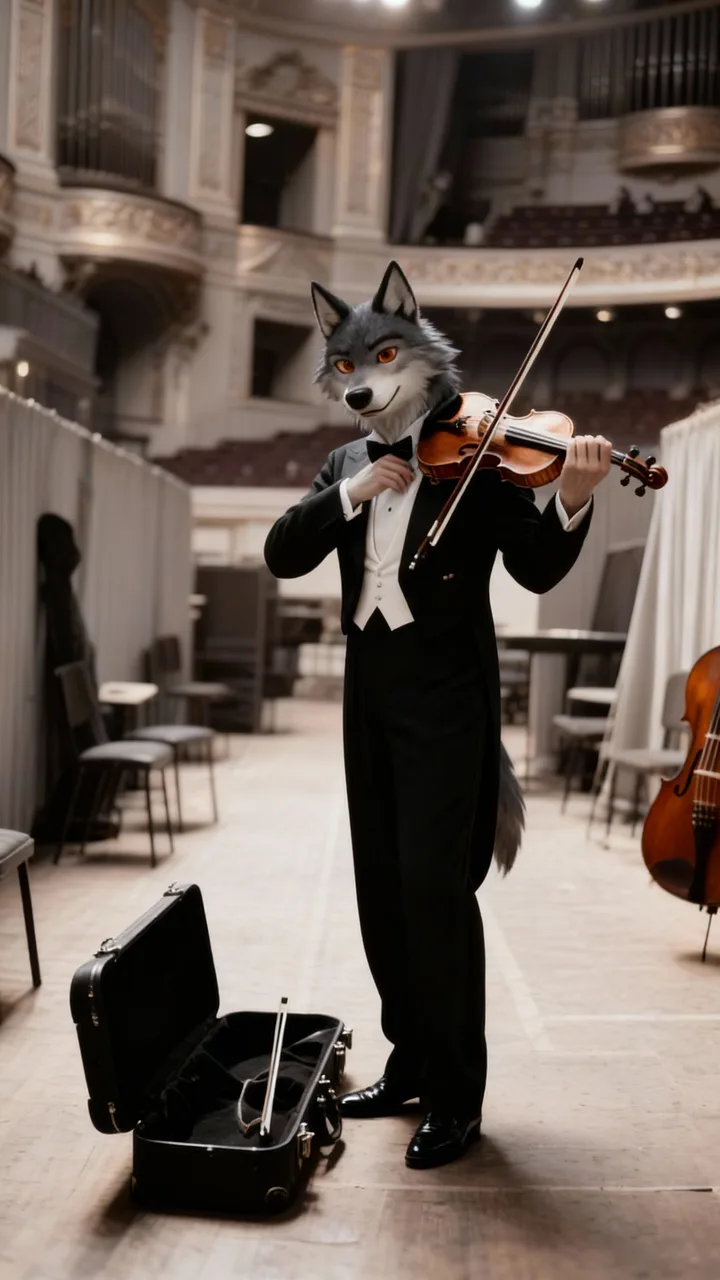 A wolf playing the violin, as a Zootopia-style 3D animal character (wolf)